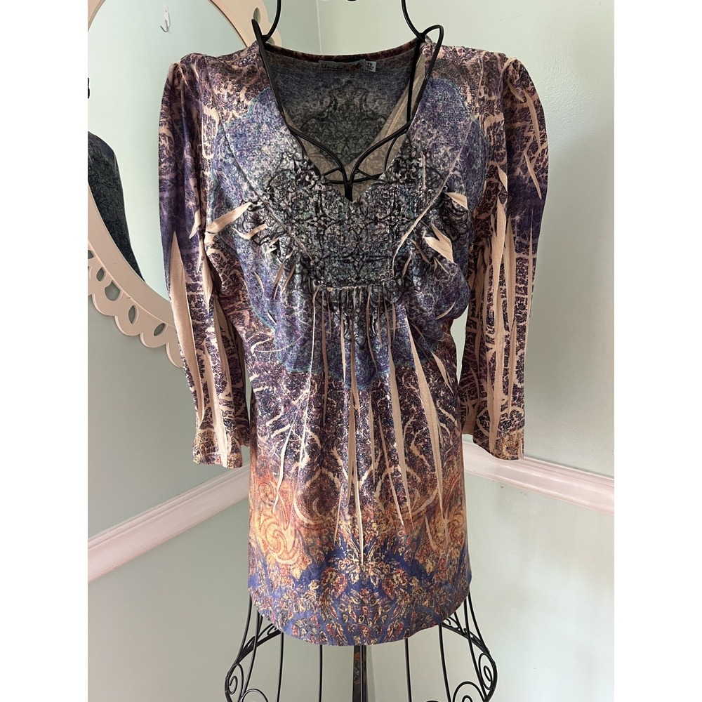 Unity World Wear Petite Burnout Shirt Womens PM medium Purple Medallion Top Y2K